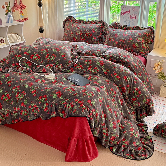 91家纺网 家纺一手货源 找家纺 梦莱斯 2025新款加厚保暖双面牛奶绒四件套-黑色花边款 玫瑰之约 - 黑