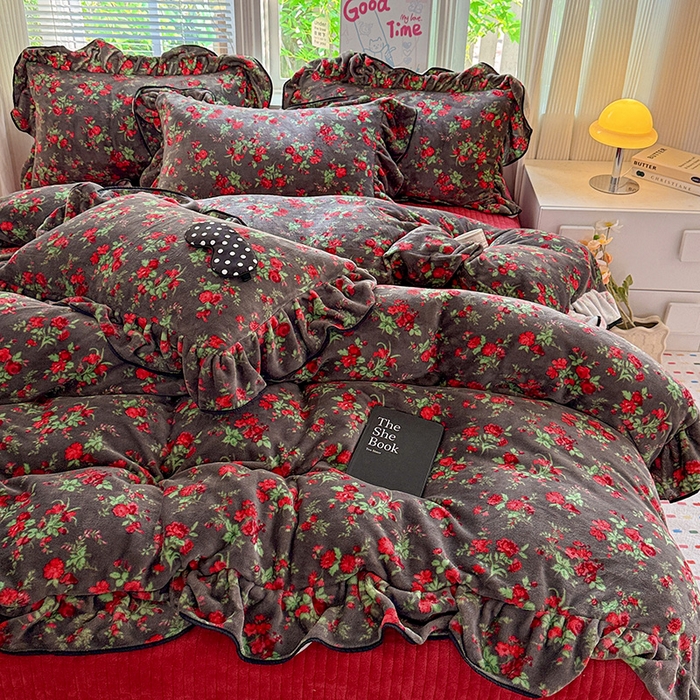 91家纺网 家纺一手货源 找家纺 梦莱斯 2025新款加厚保暖双面牛奶绒四件套-黑色花边款 玫瑰之约 - 黑