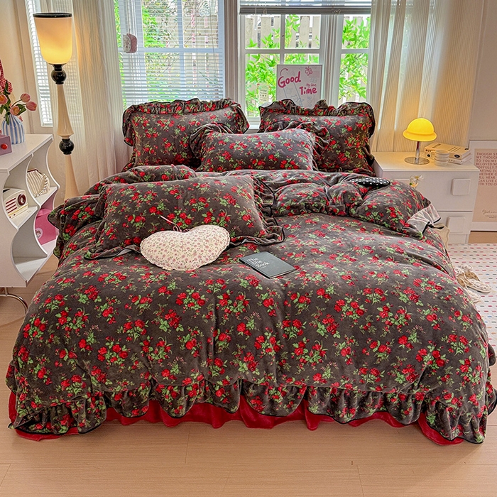 91家纺网 家纺一手货源 找家纺 梦莱斯 2025新款加厚保暖双面牛奶绒四件套-黑色花边款 玫瑰之约 - 黑