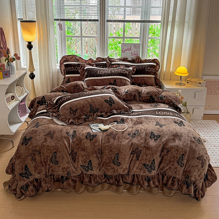 91家纺网 家纺一手货源 找家纺 梦莱斯 2025新款加厚保暖双面牛奶绒四件套-黑色花边款 米亚