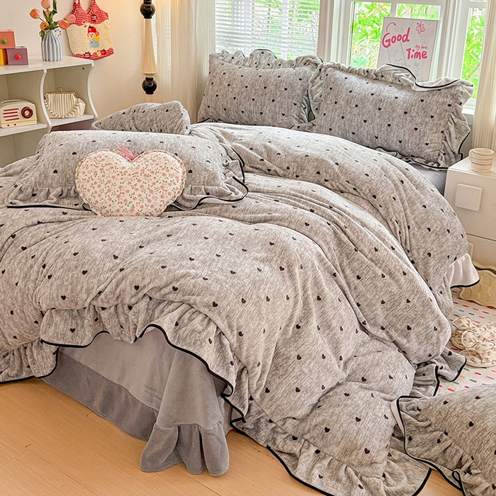 梦莱斯 2025新款加厚保暖双面牛奶绒四件套-黑色花边款 心动-灰