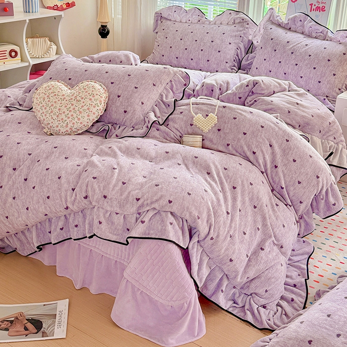 91家纺网 家纺一手货源 找家纺 梦莱斯 2025新款加厚保暖双面牛奶绒四件套-黑色花边款 心动-紫