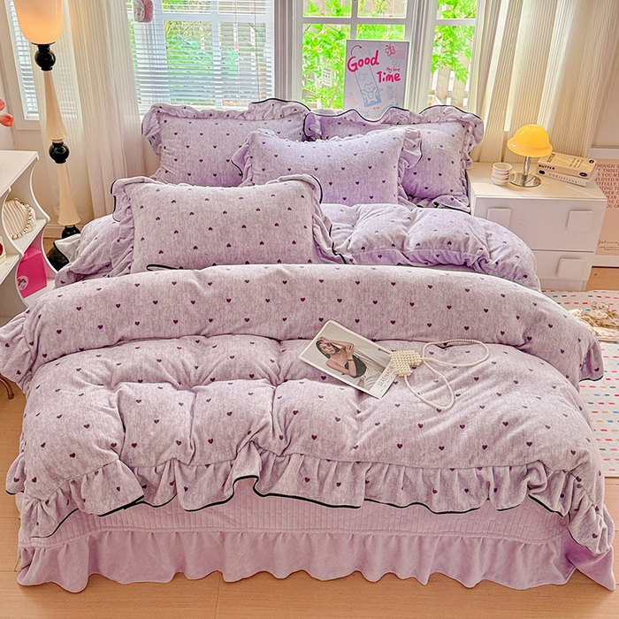 91家纺网 家纺一手货源 找家纺 梦莱斯 2025新款加厚保暖双面牛奶绒四件套-黑色花边款 心动-紫