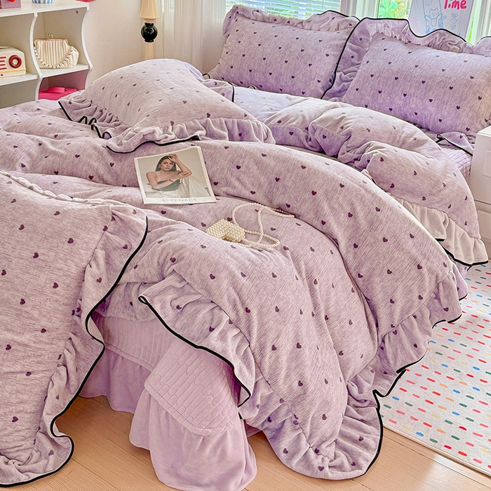 91家纺网 家纺一手货源 找家纺 梦莱斯 2025新款加厚保暖双面牛奶绒四件套-黑色花边款 心动-紫