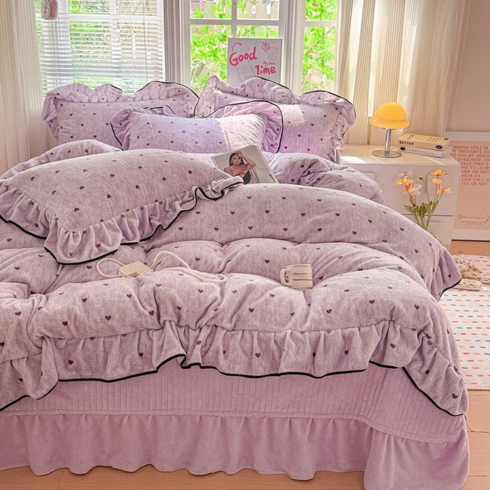 91家纺网 家纺一手货源 找家纺 梦莱斯 2025新款加厚保暖双面牛奶绒四件套-黑色花边款 心动-紫