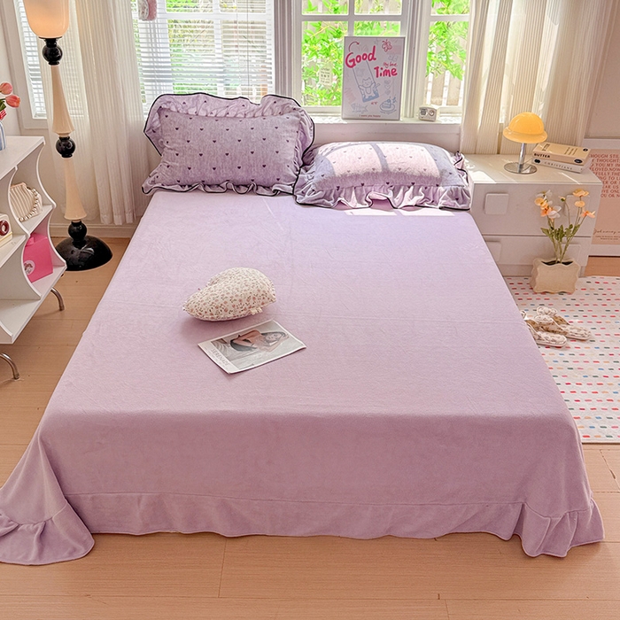 91家纺网 家纺一手货源 找家纺 梦莱斯 2025新款加厚保暖双面牛奶绒四件套-黑色花边款 心动-紫