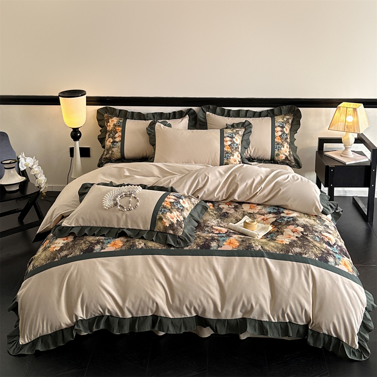 一左一右 2025秋冬新款数码印花法式复古风花边亲肤棉磨毛水洗棉床笠床裙四件套-香澜花园 玛瑙绿