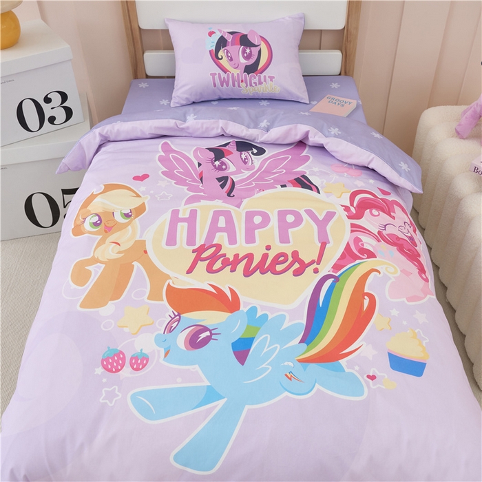 91家纺网 家纺一手货源 找家纺 百利卡通（原迪士尼家纺） 2025新款正版授权小马宝莉全棉数码印花幼儿园童被套装 快乐派对T