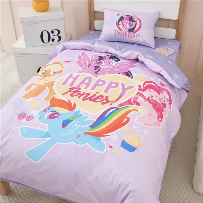 91家纺网 家纺一手货源 找家纺 百利卡通（原迪士尼家纺） 2025新款正版授权小马宝莉全棉数码印花幼儿园童被套装 快乐派对T