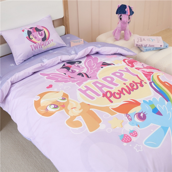 91家纺网 家纺一手货源 找家纺 百利卡通（原迪士尼家纺） 2025新款正版授权小马宝莉全棉数码印花幼儿园童被套装 快乐派对T