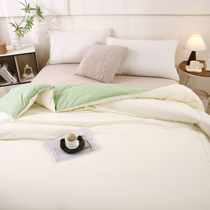 91家纺网 家纺一手货源 找家纺 简冠家纺 2025新款磨毛羽丝绒被被子被芯冬被春秋被 白+绿