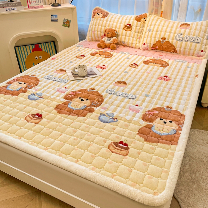 91家纺网 家纺一手货源 找家纺 梵朴 2025新款牛奶绒夹棉床垫床褥加厚珊瑚绒床护垫-印花系列（大床图） 早安小狗