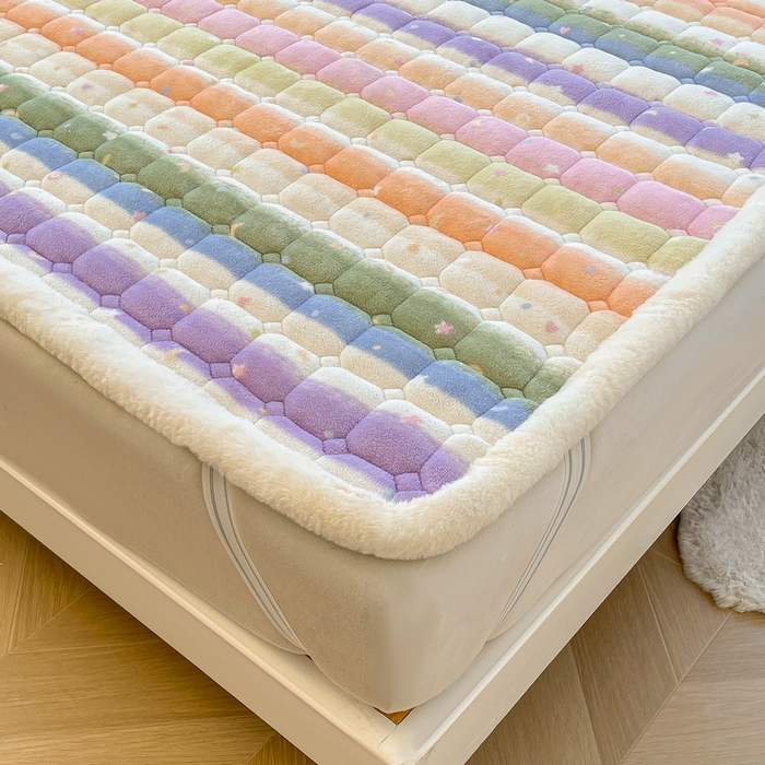 91家纺网 家纺一手货源 找家纺 梵朴 2025新款牛奶绒夹棉床垫床褥加厚珊瑚绒床护垫-印花系列（大床图） 缤纷彩虹