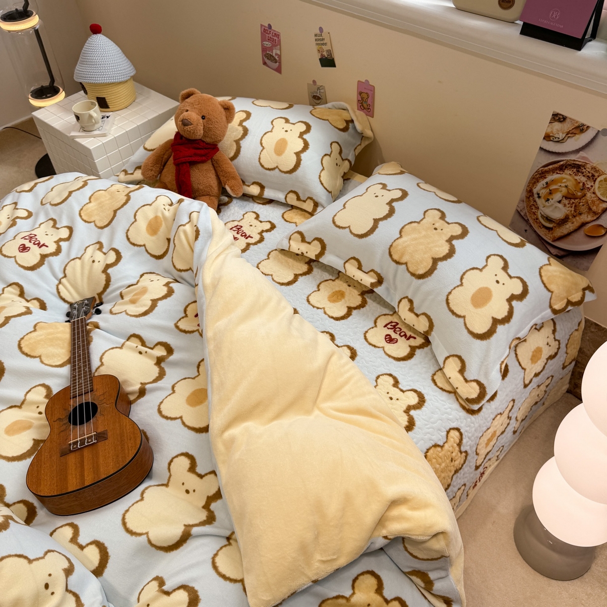 91家纺网 家纺一手货源 找家纺 潘朵拉 2025新款ins风牛奶绒床盖四件套 饼干熊