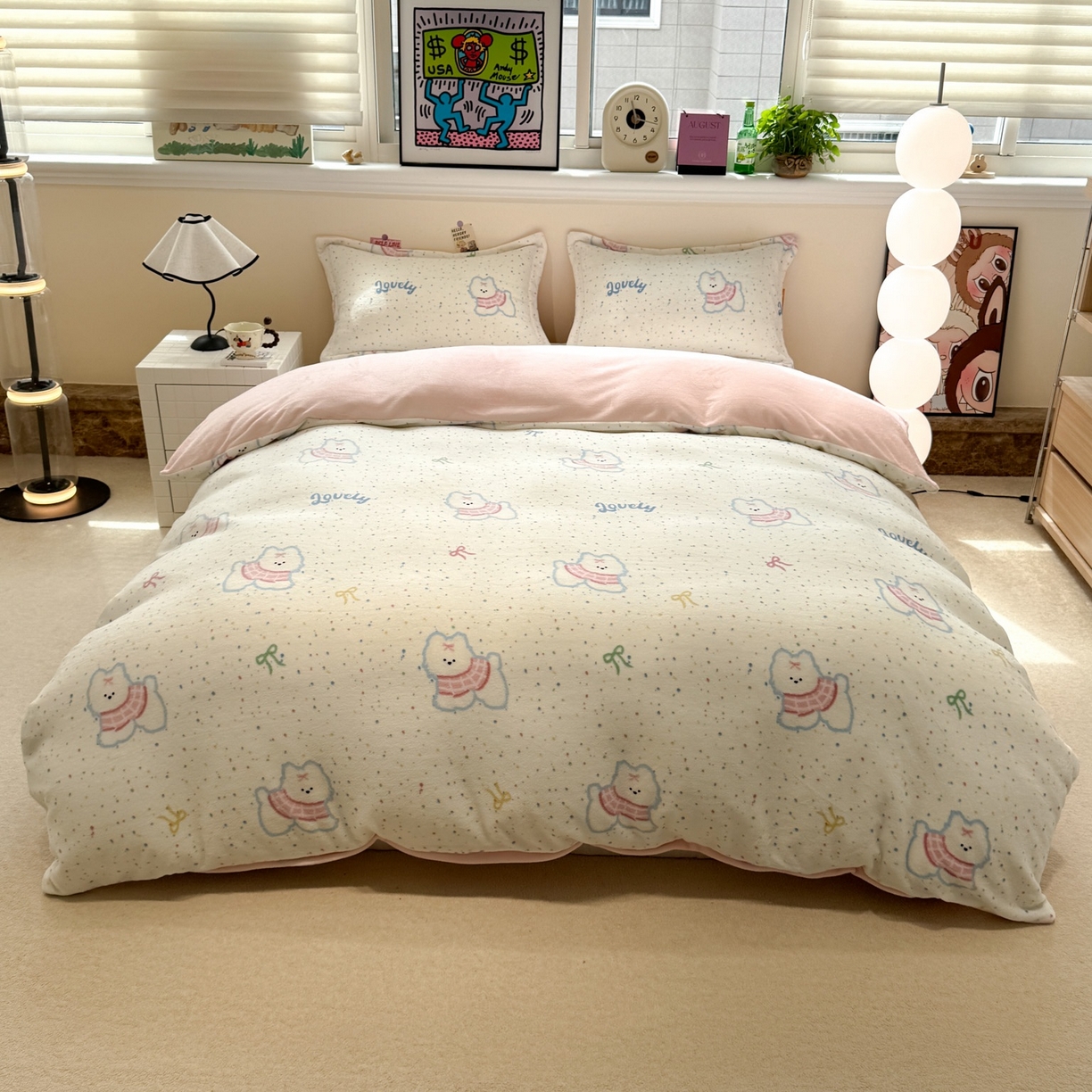 潘朵拉 2025新款ins风牛奶绒床盖四件套 点点狗