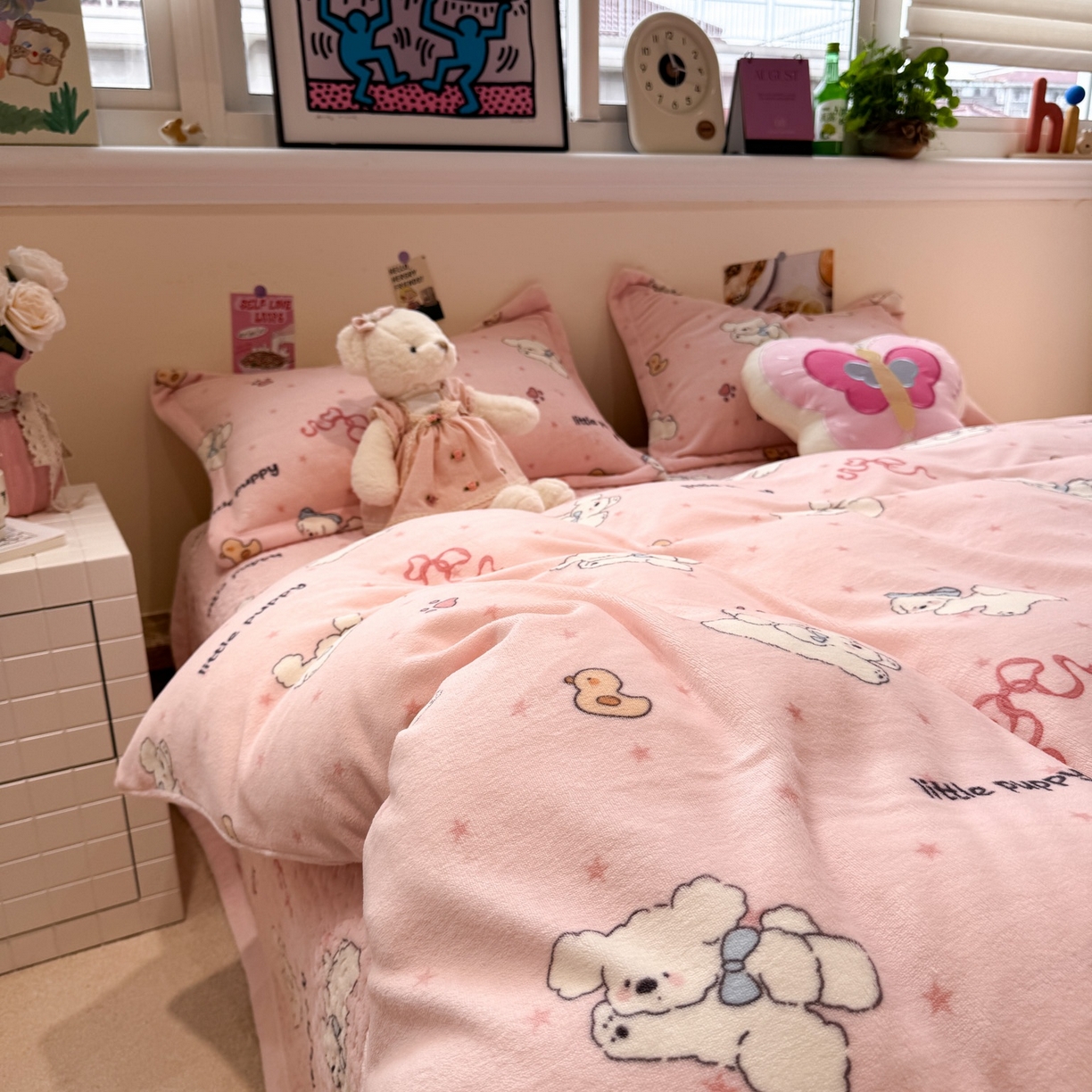 91家纺网 家纺一手货源 找家纺 潘朵拉 2025新款ins风牛奶绒床盖四件套 粉萌宝