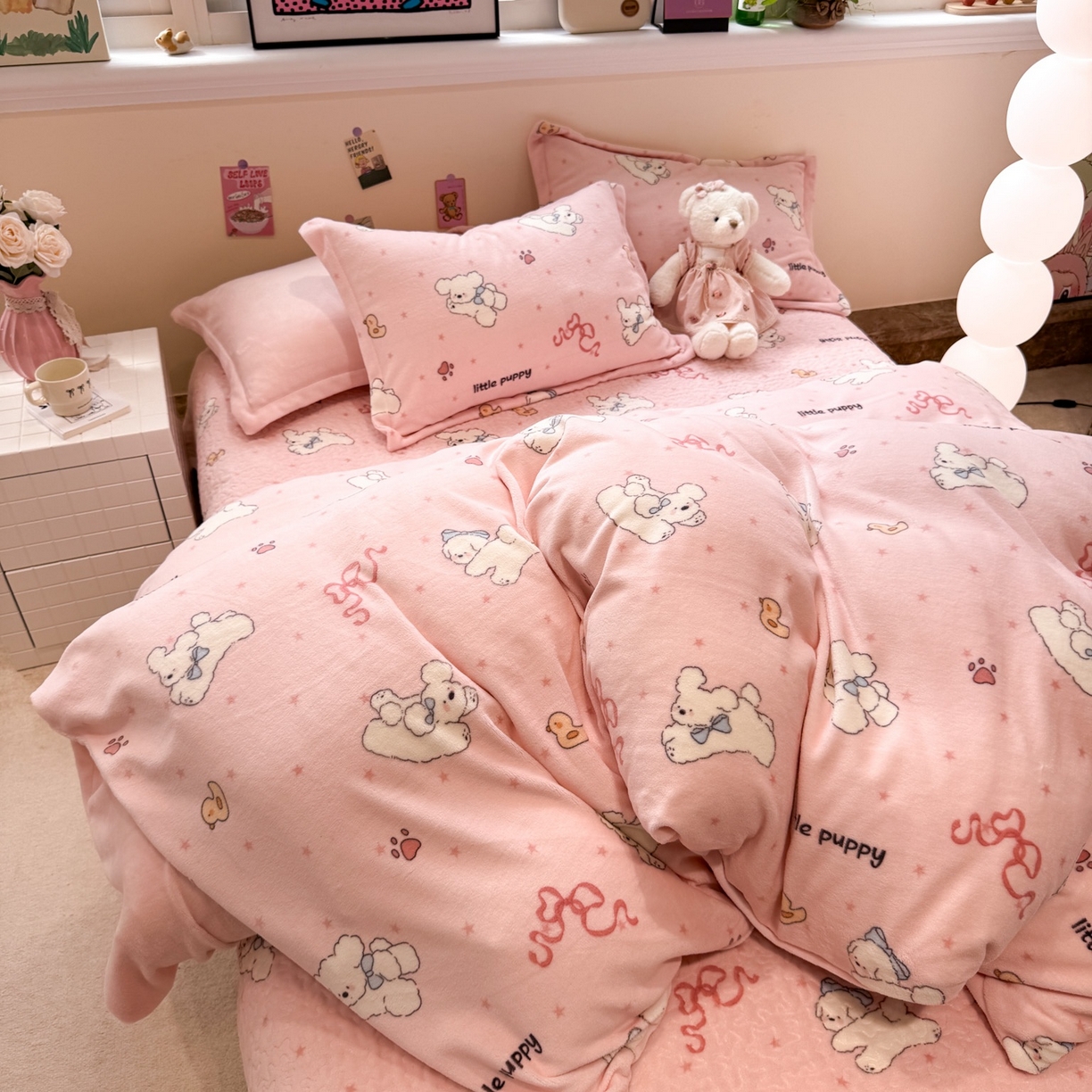 91家纺网 家纺一手货源 找家纺 潘朵拉 2025新款ins风牛奶绒床盖四件套 粉萌宝