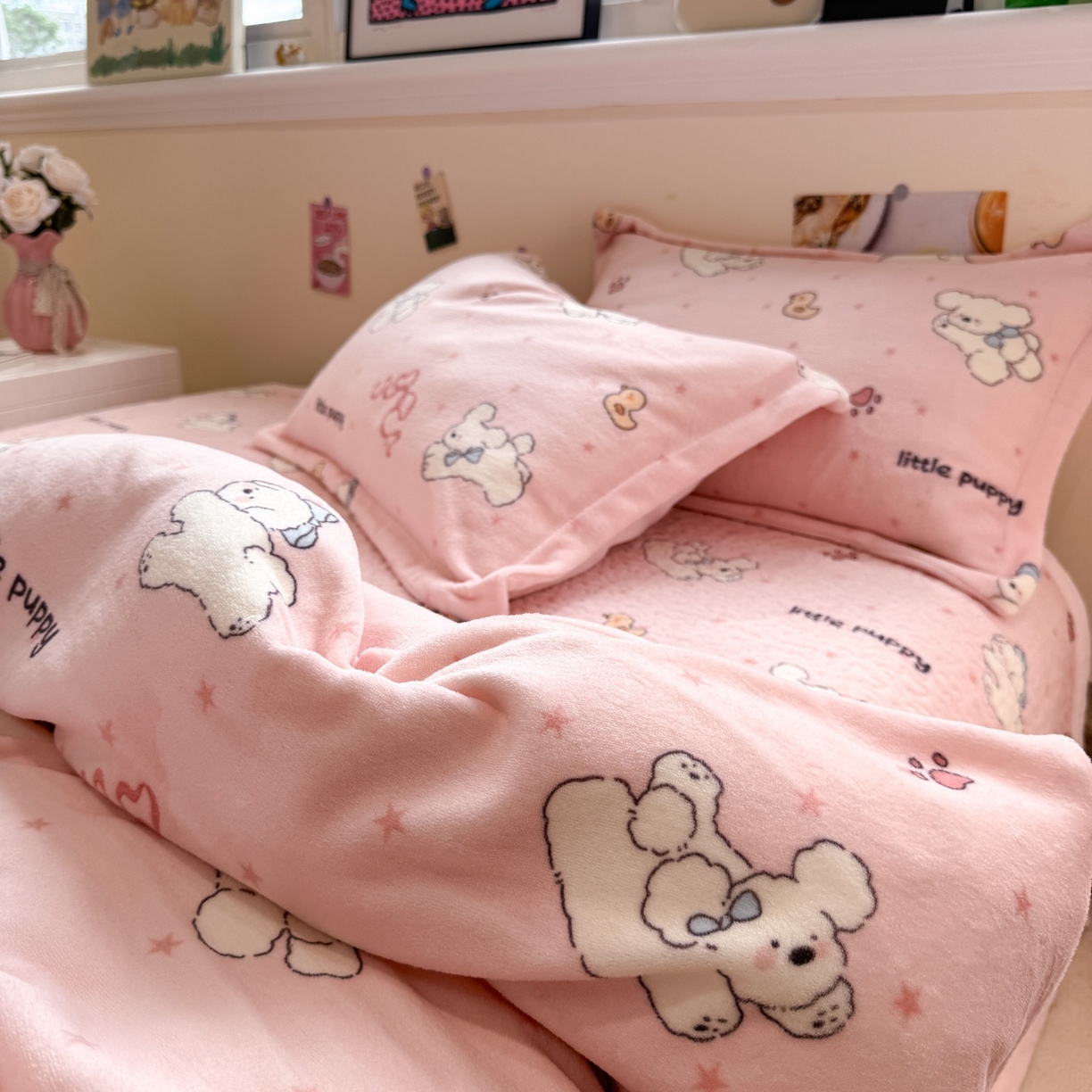 91家纺网 家纺一手货源 找家纺 潘朵拉 2025新款ins风牛奶绒床盖四件套 粉萌宝