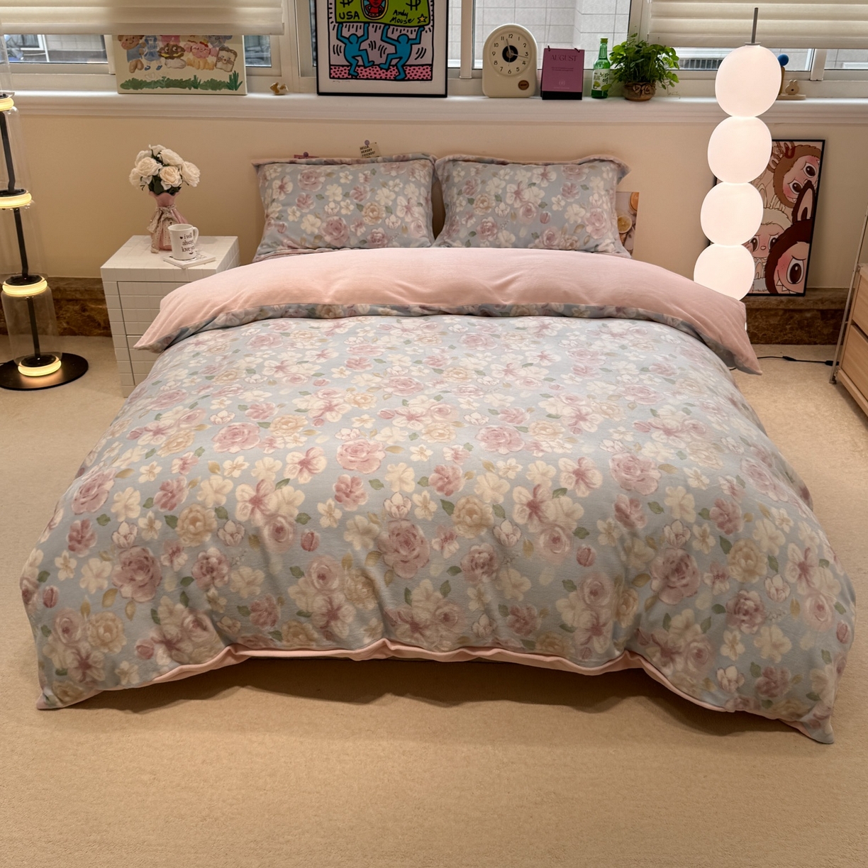 潘朵拉 2025新款ins风牛奶绒床盖四件套 花漾