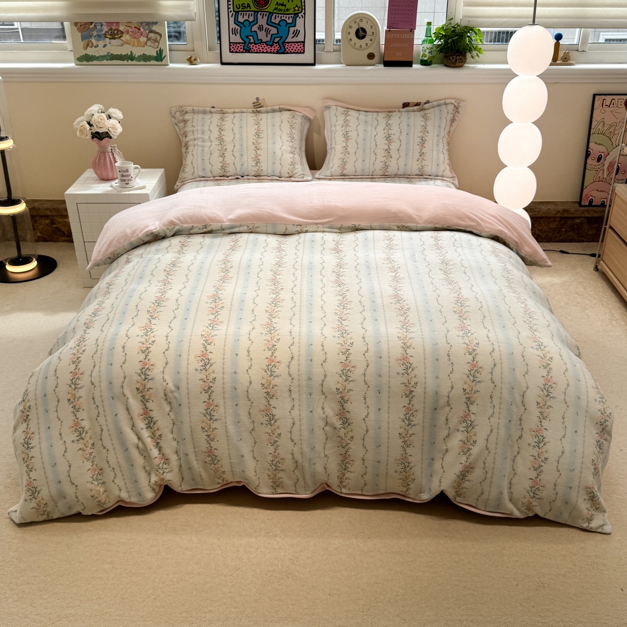 潘朵拉 2025新款ins风牛奶绒床盖四件套 山茶予你