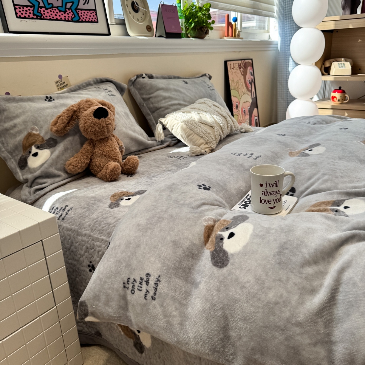 91家纺网 家纺一手货源 找家纺 潘朵拉 2025新款ins风牛奶绒床盖四件套 小狗杰西