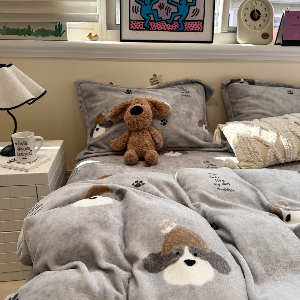 91家纺网 家纺一手货源 找家纺 潘朵拉 2025新款ins风牛奶绒床盖四件套 小狗杰西