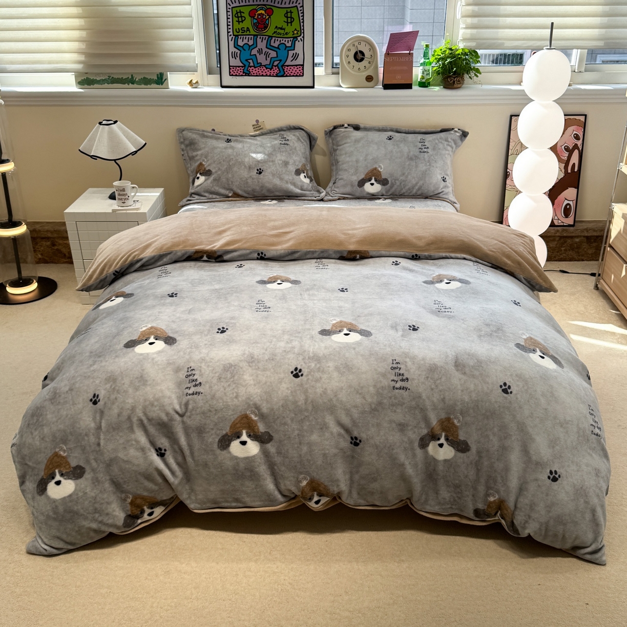 潘朵拉 2025新款ins风牛奶绒床盖四件套 小狗杰西