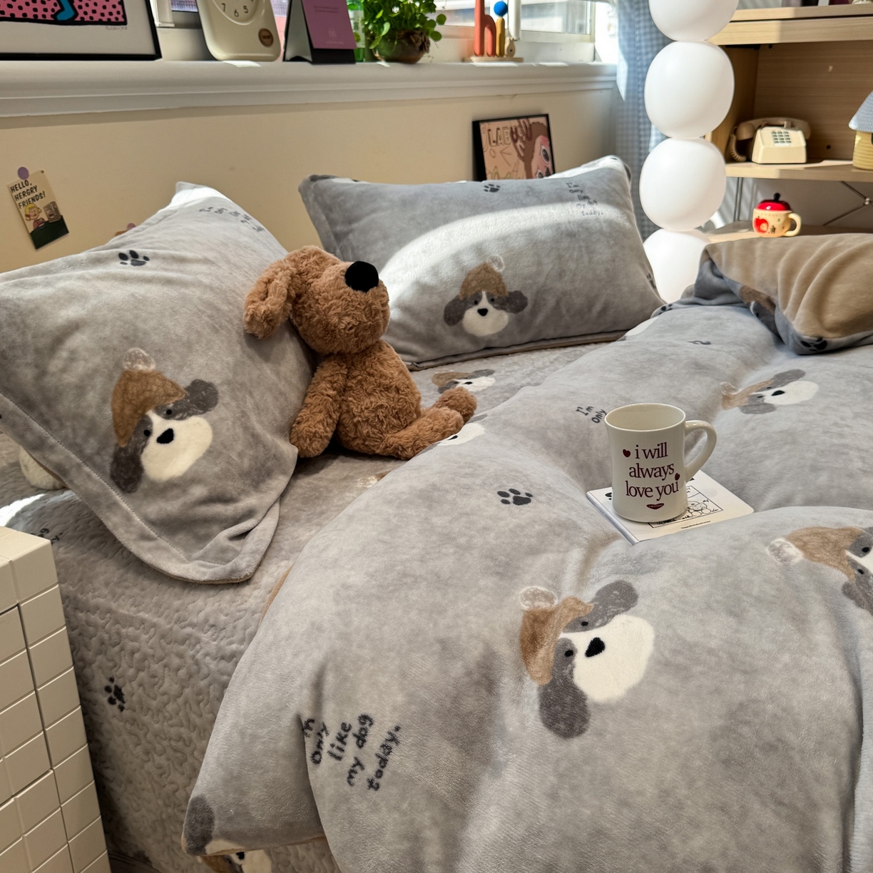 91家纺网 家纺一手货源 找家纺 潘朵拉 2025新款ins风牛奶绒床盖四件套 小狗杰西