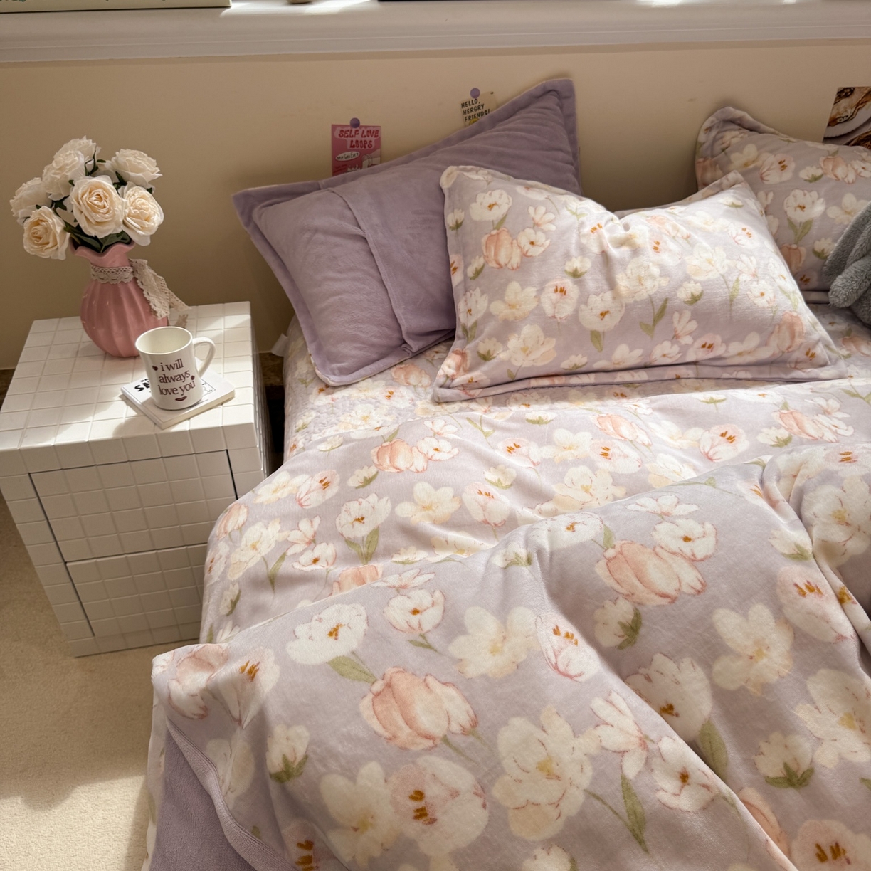 91家纺网 家纺一手货源 找家纺 潘朵拉 2025新款ins风牛奶绒床盖四件套 紫薇