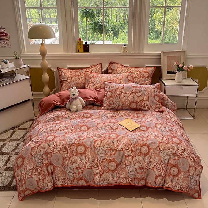 91家纺网 家纺一手货源 找家纺 吉象家纺 2025新款全棉磨毛三角针贝壳边印花四件套 满园花开 -桔