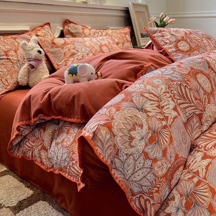 91家纺网 家纺一手货源 找家纺 吉象家纺 2025新款全棉磨毛三角针贝壳边印花四件套 满园花开 -桔