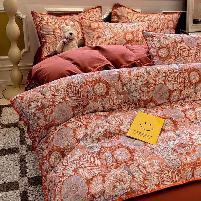 91家纺网 家纺一手货源 找家纺 吉象家纺 2025新款全棉磨毛三角针贝壳边印花四件套 满园花开 -桔