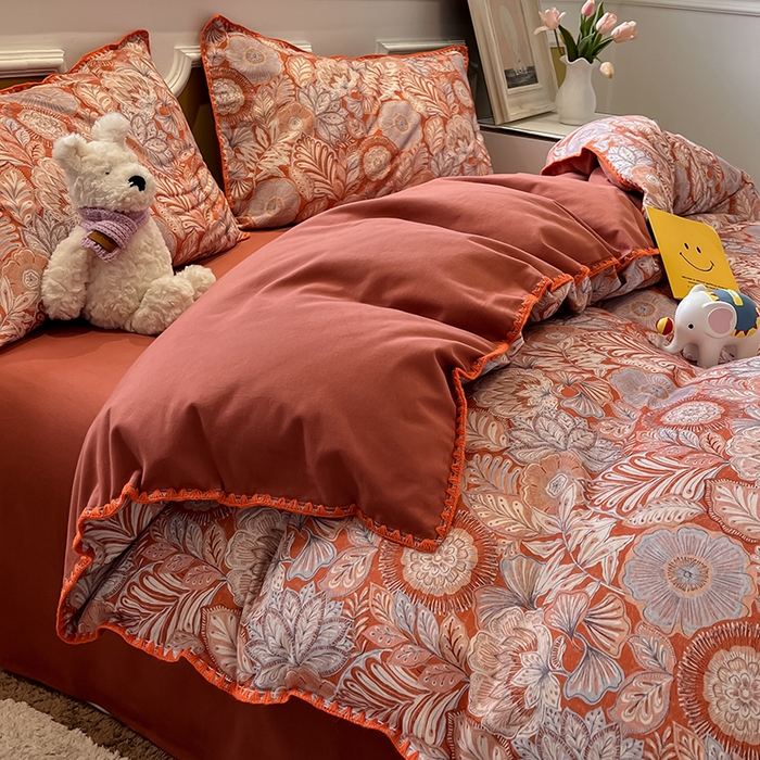 91家纺网 家纺一手货源 找家纺 吉象家纺 2025新款全棉磨毛三角针贝壳边印花四件套 满园花开 -桔