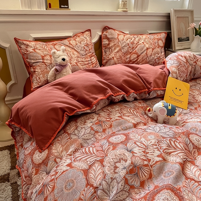 91家纺网 家纺一手货源 找家纺 吉象家纺 2025新款全棉磨毛三角针贝壳边印花四件套 满园花开 -桔