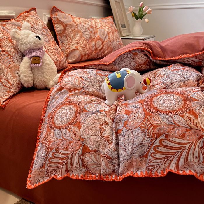 91家纺网 家纺一手货源 找家纺 吉象家纺 2025新款全棉磨毛三角针贝壳边印花四件套 满园花开 -桔