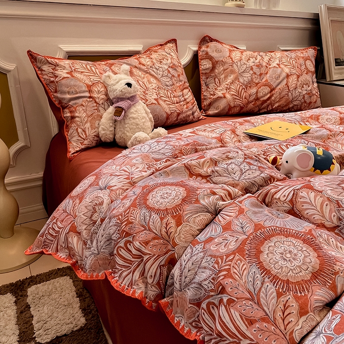 91家纺网 家纺一手货源 找家纺 吉象家纺 2025新款全棉磨毛三角针贝壳边印花四件套 满园花开 -桔