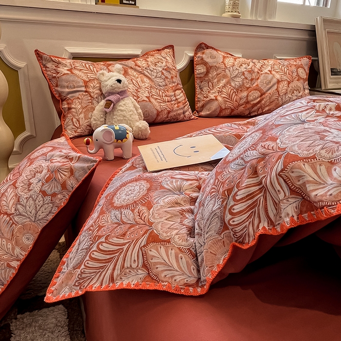 91家纺网 家纺一手货源 找家纺 吉象家纺 2025新款全棉磨毛三角针贝壳边印花四件套 满园花开 -桔