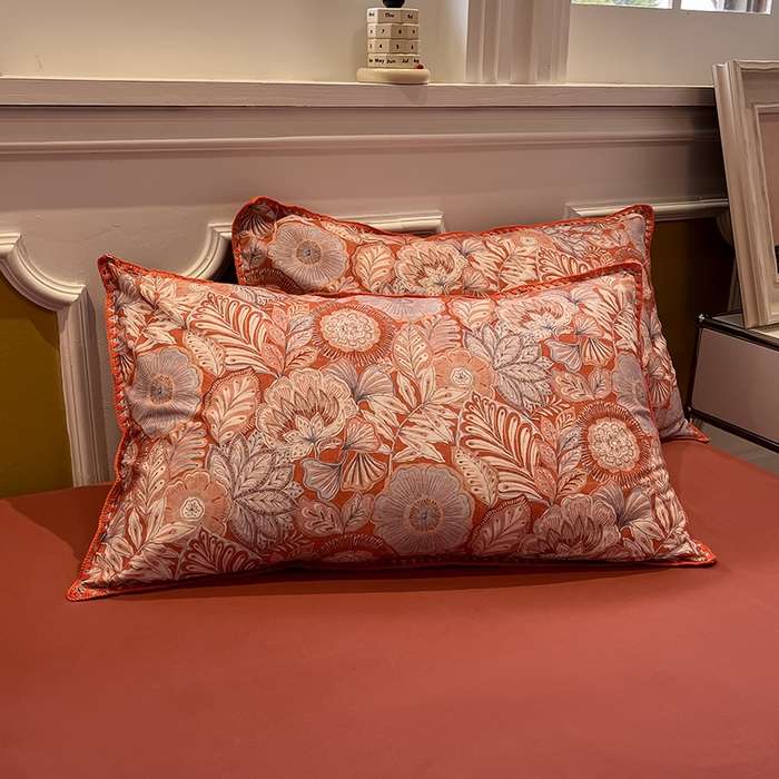 91家纺网 家纺一手货源 找家纺 吉象家纺 2025新款全棉磨毛三角针贝壳边印花四件套 满园花开 -桔