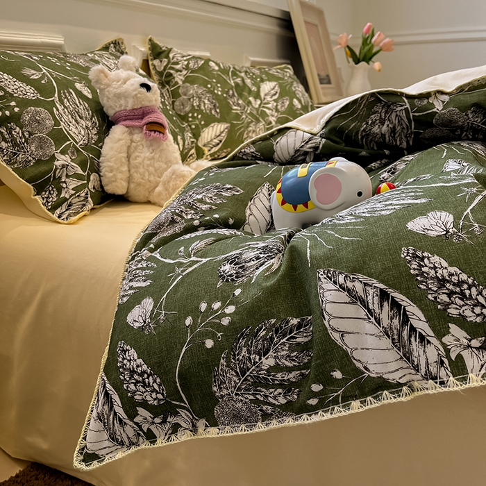 91家纺网 家纺一手货源 找家纺 吉象家纺 2025新款全棉磨毛三角针贝壳边印花四件套 浅夏 -绿