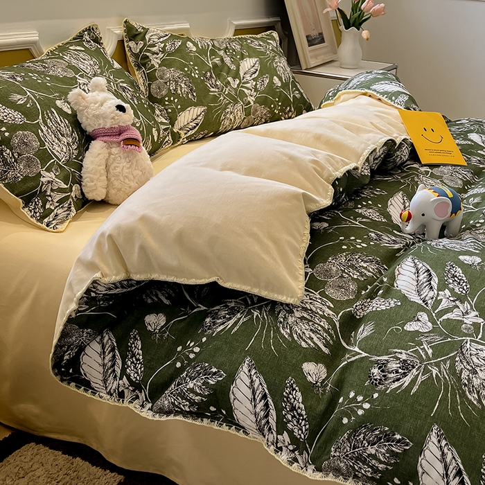 91家纺网 家纺一手货源 找家纺 吉象家纺 2025新款全棉磨毛三角针贝壳边印花四件套 浅夏 -绿