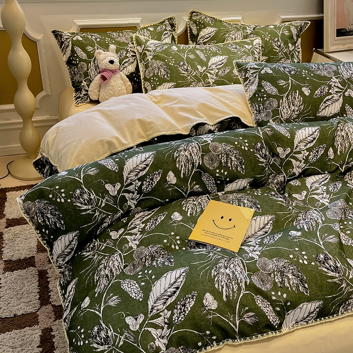 91家纺网 家纺一手货源 找家纺 吉象家纺 2025新款全棉磨毛三角针贝壳边印花四件套 浅夏 -绿