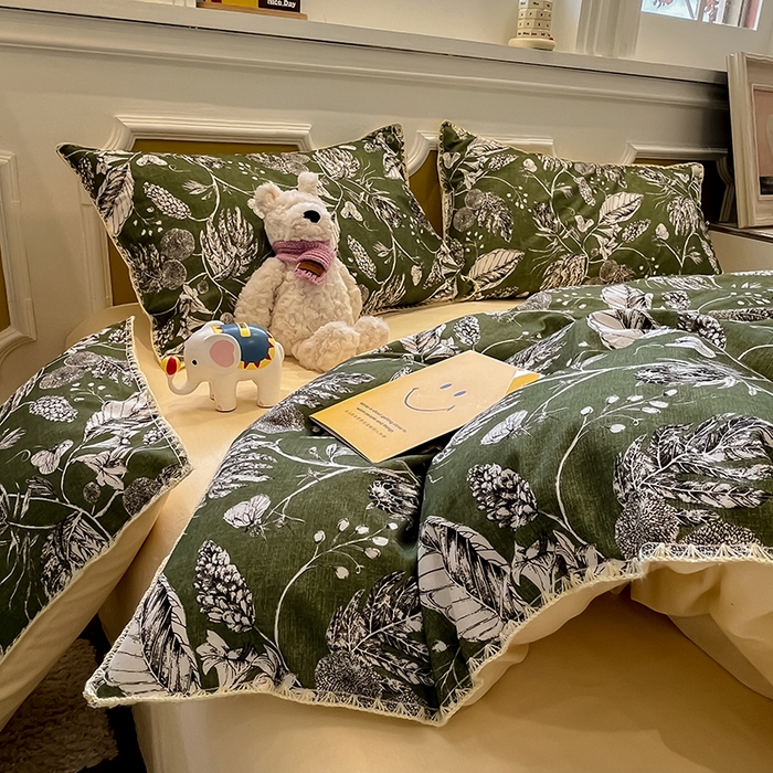 91家纺网 家纺一手货源 找家纺 吉象家纺 2025新款全棉磨毛三角针贝壳边印花四件套 浅夏 -绿