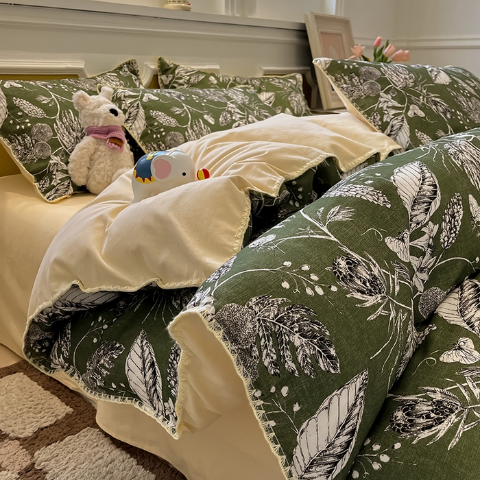 91家纺网 家纺一手货源 找家纺 吉象家纺 2025新款全棉磨毛三角针贝壳边印花四件套 浅夏 -绿