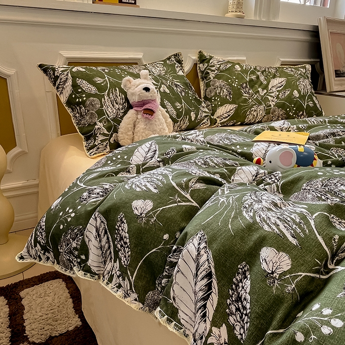 91家纺网 家纺一手货源 找家纺 吉象家纺 2025新款全棉磨毛三角针贝壳边印花四件套 浅夏 -绿