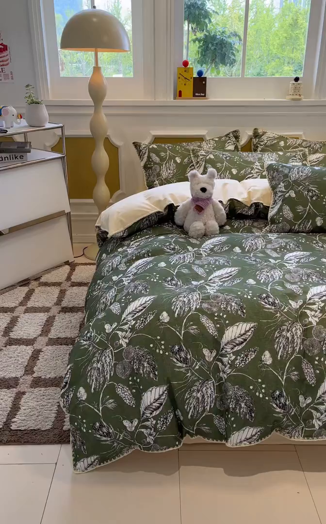 91家纺网 家纺一手货源 找家纺 吉象家纺 2025新款全棉磨毛三角针贝壳边印花四件套 浅夏 -绿