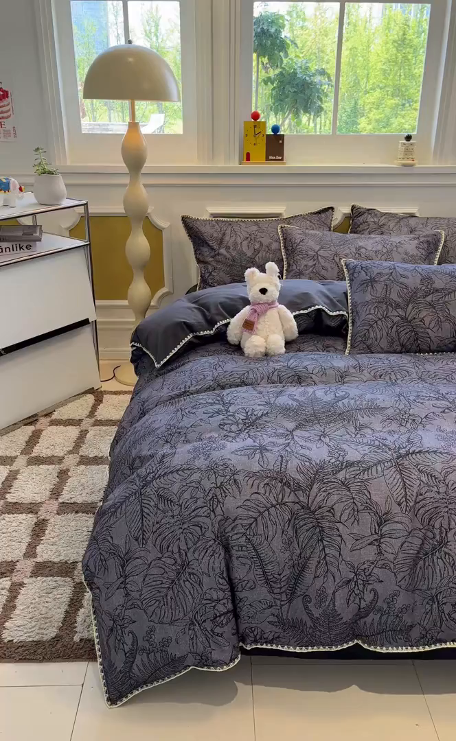 91家纺网 家纺一手货源 找家纺 吉象家纺 2025新款全棉磨毛三角针贝壳边印花四件套 清浅