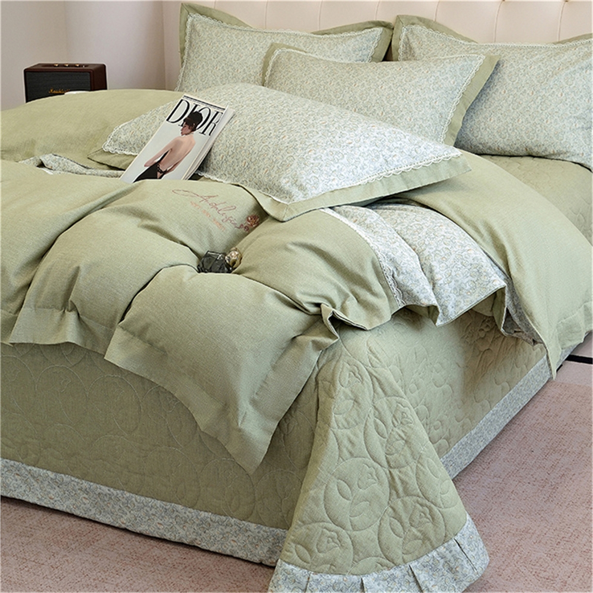 91家纺网 家纺一手货源 找家纺 OL家纺 2025新款100s全棉磨毛印染加刺绣四件套（控价1.5/1.8标准被套折券后368元！！！） 苹果绿