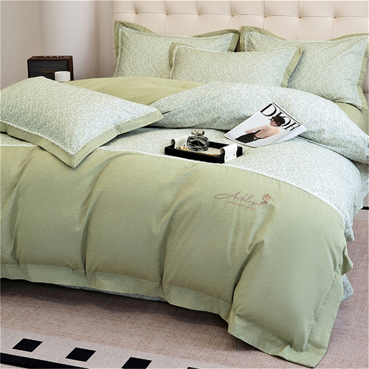 91家纺网 家纺一手货源 找家纺 OL家纺 2025新款100s全棉磨毛印染加刺绣四件套（控价1.5/1.8标准被套折券后368元！！！） 苹果绿