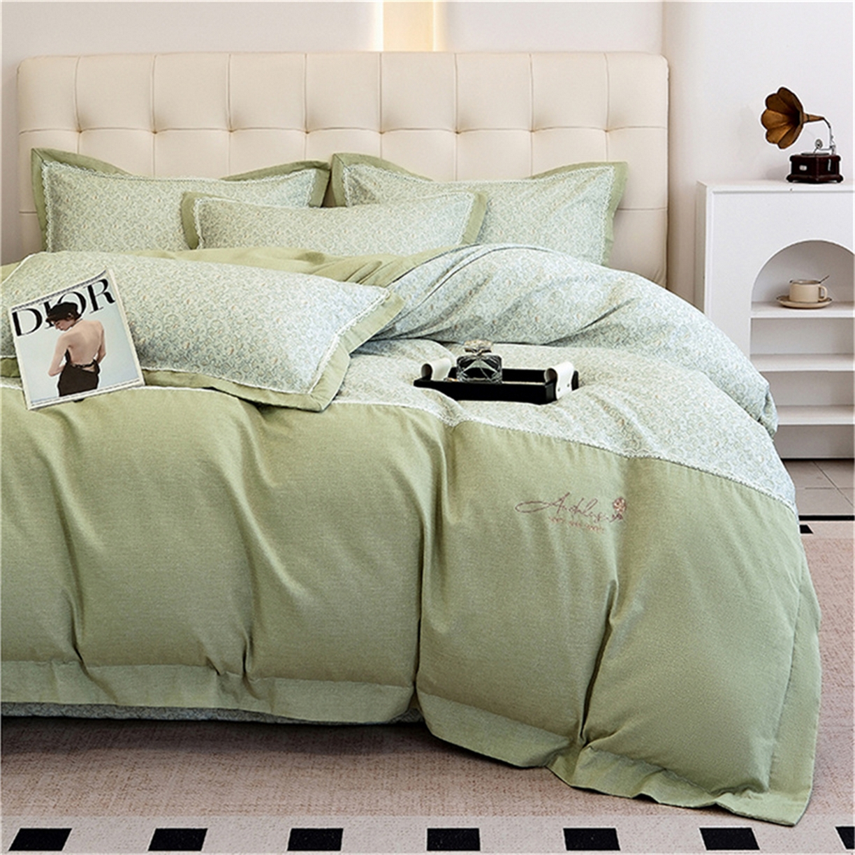 91家纺网 家纺一手货源 找家纺 OL家纺 2025新款100s全棉磨毛印染加刺绣四件套（控价1.5/1.8标准被套折券后368元！！！） 苹果绿