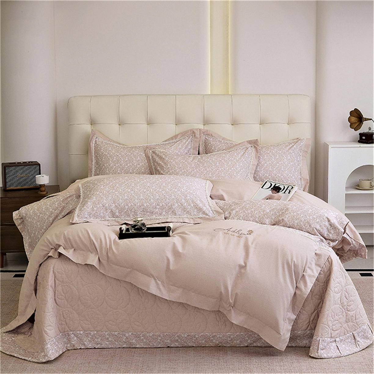 91家纺网 家纺一手货源 找家纺 OL家纺 2025新款100s全棉磨毛印染加刺绣四件套（控价1.5/1.8标准被套折券后368元！！！） 樱桃粉